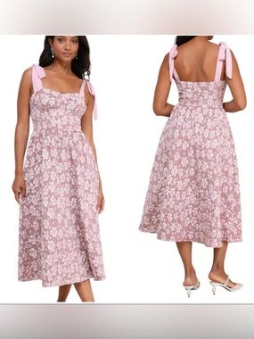 Cottagecore Dress Mauve Pink Jacquard Bustier Tie-Strap Midi Lulu’s Size Medium